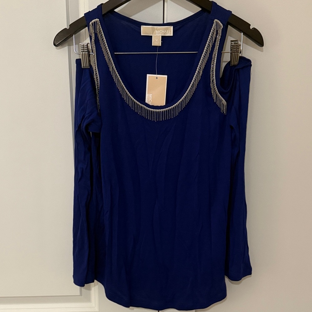Michaels Royal Blue Cold Shoulder Blouse with Fringe Sz M